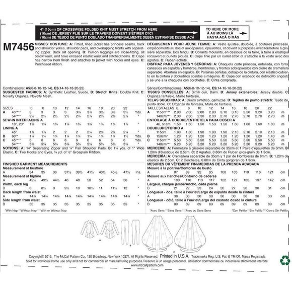 McCall's Sewing Pattern 7456 Misses Cosplay Jacket Stirrup Leggings Cape Size 14 - Picture 2 of 3